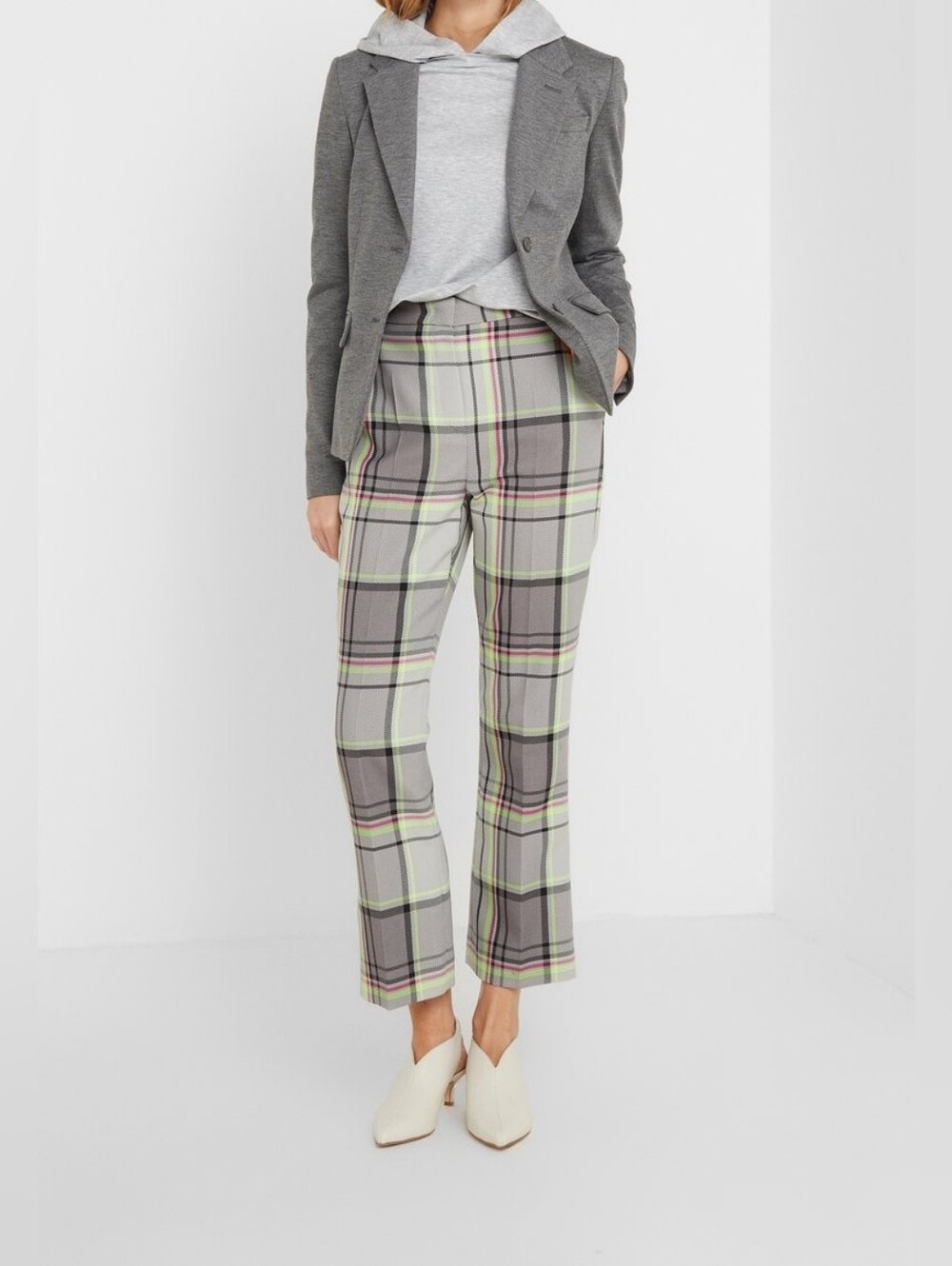 Escada Sport Plaid Cotton Boot-Cut Pants in Gray with Neon Accents 8